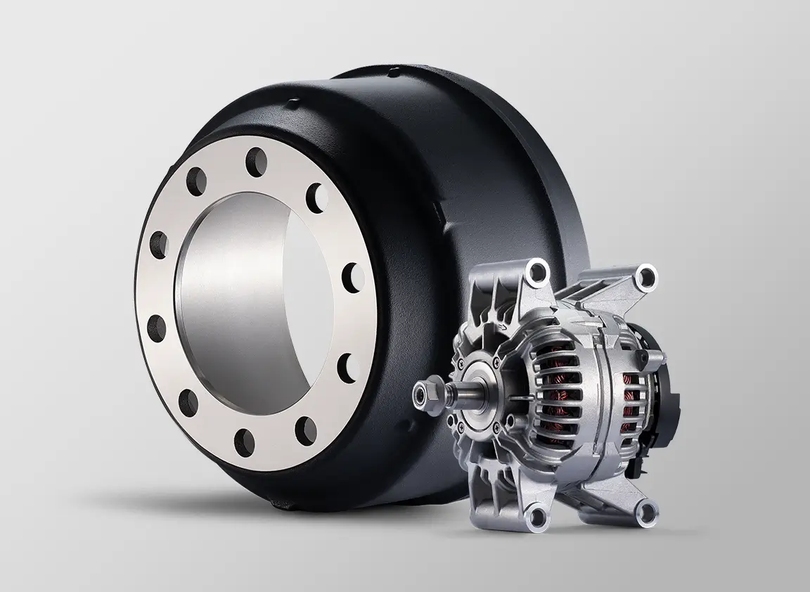 A brake drum and alternator for a Peterbilt truck